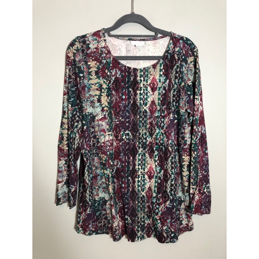 J. Jill Tunic Top Women M Petite Multi-Color Geometric Pima Cotton Long Sleeve